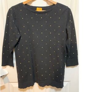 Chic women's black/gold stud-embellished 3/4 sleeve tight knit sweater PSmall